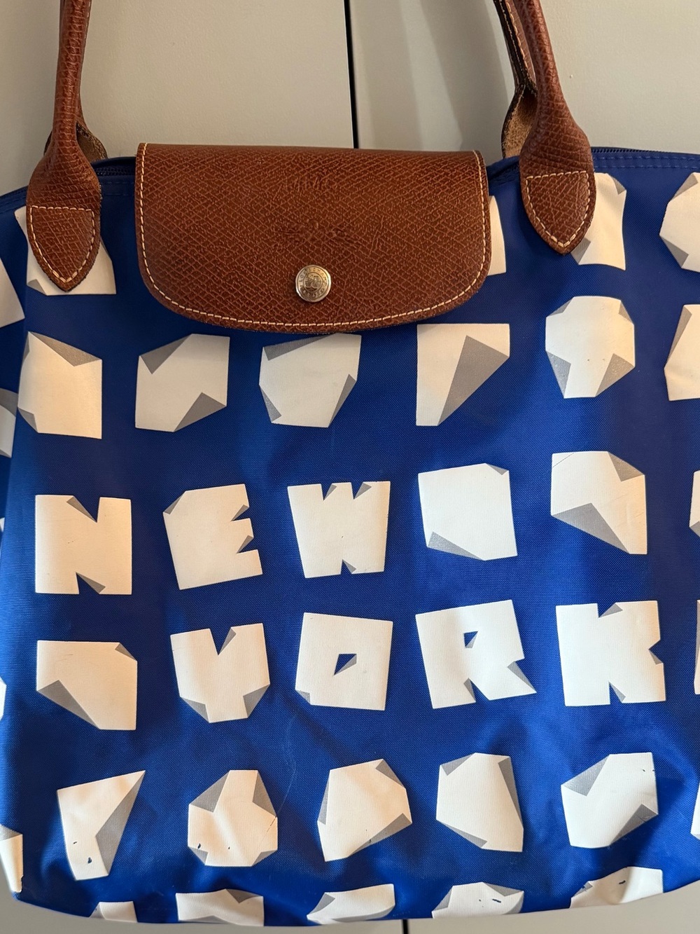Longchamp Blue and White 'New York' Graphic Tote with Brown Trim
